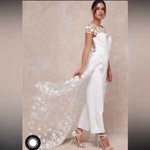 Bridal White Floral Embroidered Overlay Jumpsuit